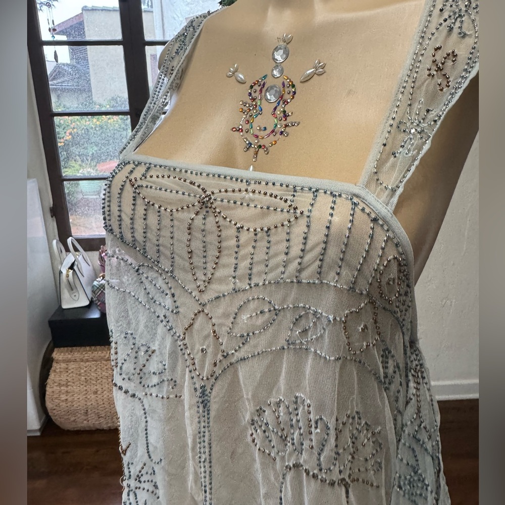 Free People Baby Blue Sheer Lace Dress w/ Intricate Beading size S - Picture 9 of 15